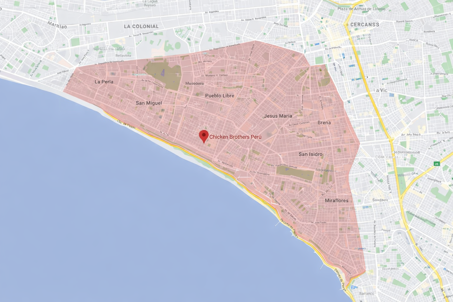 Mapa de zona de reparto Chicken Brothers Express
